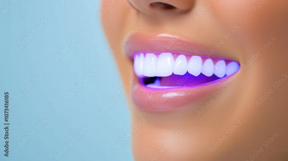 Fototapeta premium Bright white teeth are illuminated by blue light during dental treatment, showcasing modern approach to oral care and aesthetics