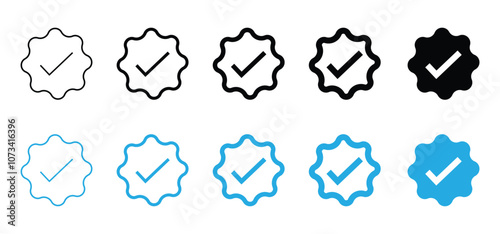 medal award icon, certificate badge with check mark icons. Quality certify in filled, thin line. Victory prize icon concept in vector.