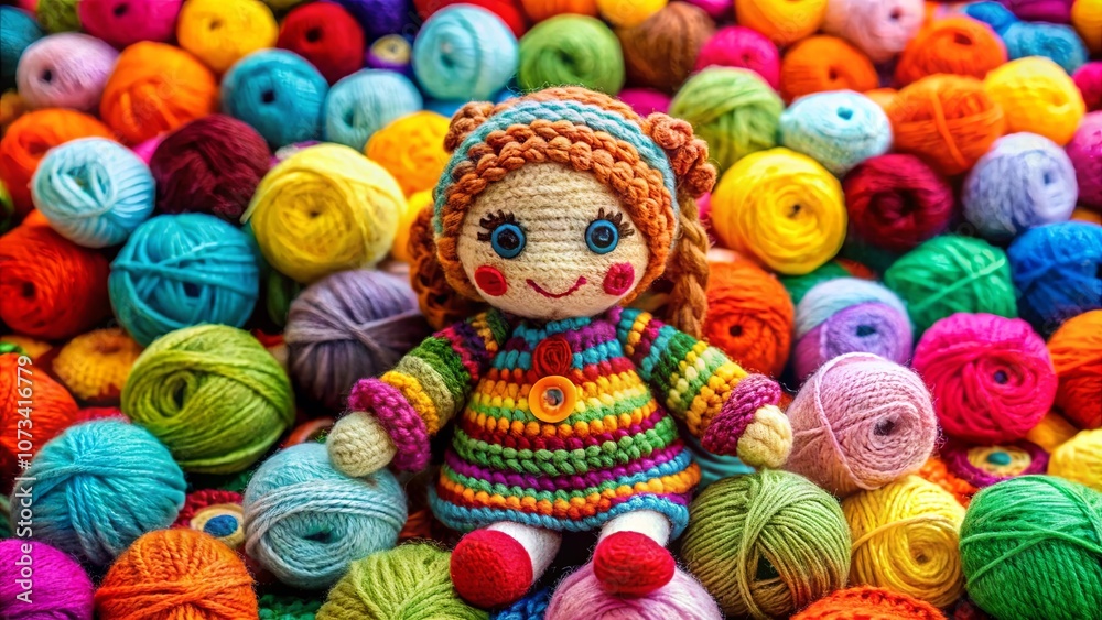 A vibrant crocheted doll amidst a colorful tapestry of yarn balls, celebrating the joy of handmade creativity. A vibrant crocheted doll amidst a colorful tapestry of yarn balls, celebrating the joy of handmade creativity.