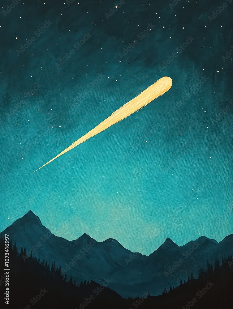Naklejka premium A vibrant night sky features a bright comet streaking across the blue backdrop, with silhouette mountains framing the scene.