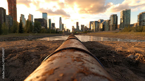 wide angle view of oil pipeline on ground, with city skyline in background, showcasing urban development and nature contrast