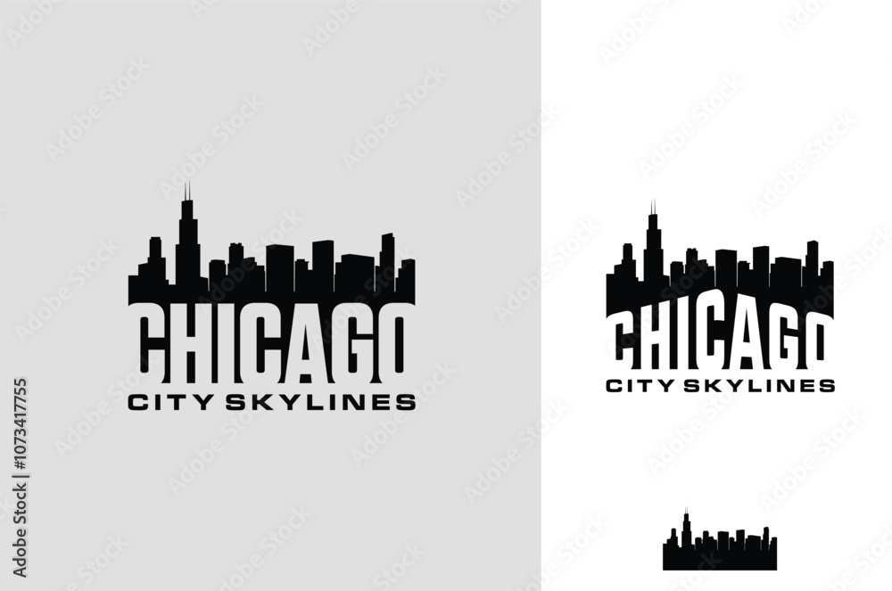 Obraz premium Lettering Chicago with City Building Skylines Urban Cityscape Silhouette logo design
