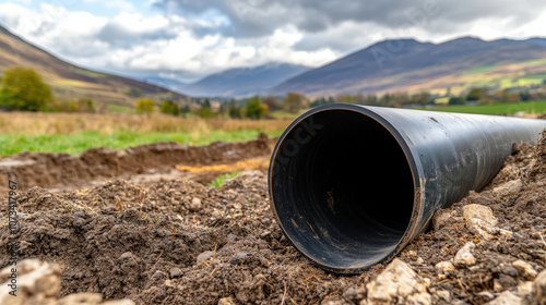 Wallpaper Mural Close up of black plastic water pipe lying in ground, surrounded by soil and grass, with scenic mountainous landscape in background Torontodigital.ca