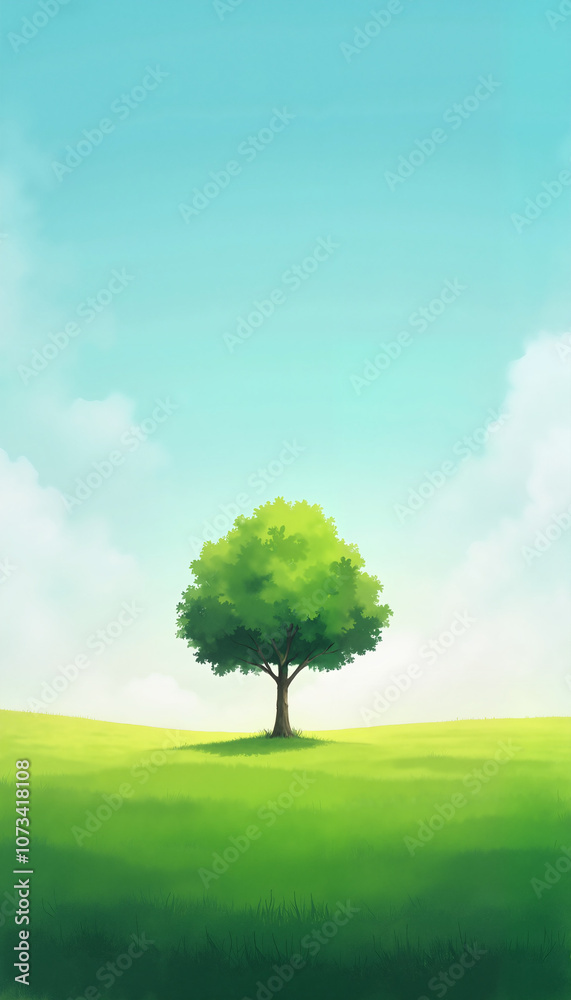 Lone tree on a green field under a bright blue sky