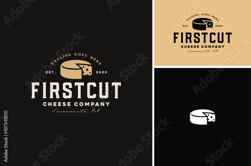A parmesan gouda truckle cheese wheel with a slice cut out silhouette for Traditional Cheesemonger Shop Store Vintage Classic label logo design