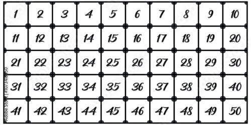 Number Chart 1-50 squares, black circles, gray, icons, logos, premium,
