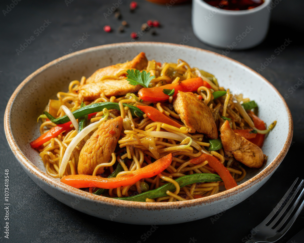 Mixed Noodles with vegetable, meat and chicken middle east food Mixed Noodles with vegetable, meat and chicken middle east food