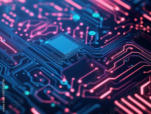 A vibrant close-up of a circuit board, featuring intricate patterns and glowing connections in shades of blue and pink, showcasing modern technology.