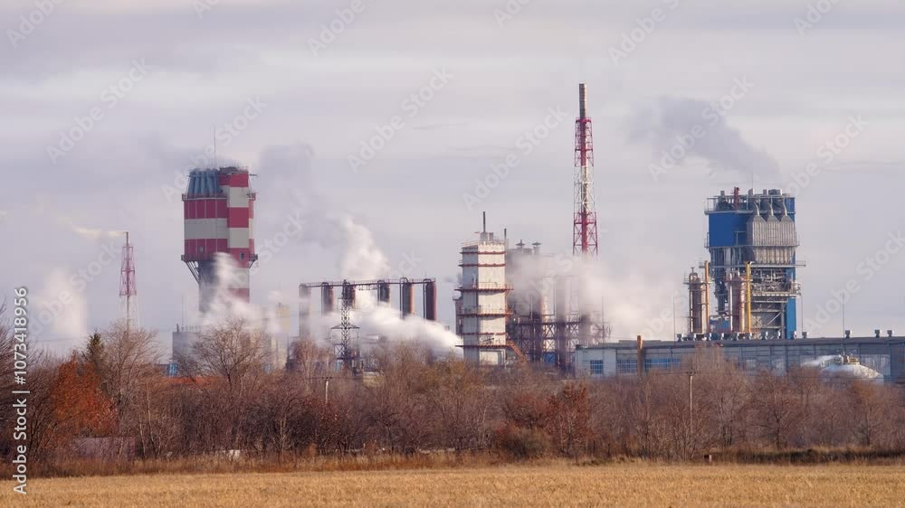 Smoke billowing from the chimneys of a large industrial plant creates a striking contrast against a cloudy sky, highlighting the impact of industry on the environment Smoke billowing from the chimneys of a large industrial plant creates a striking contrast against a cloudy sky, highlighting the impact of industry on the environment