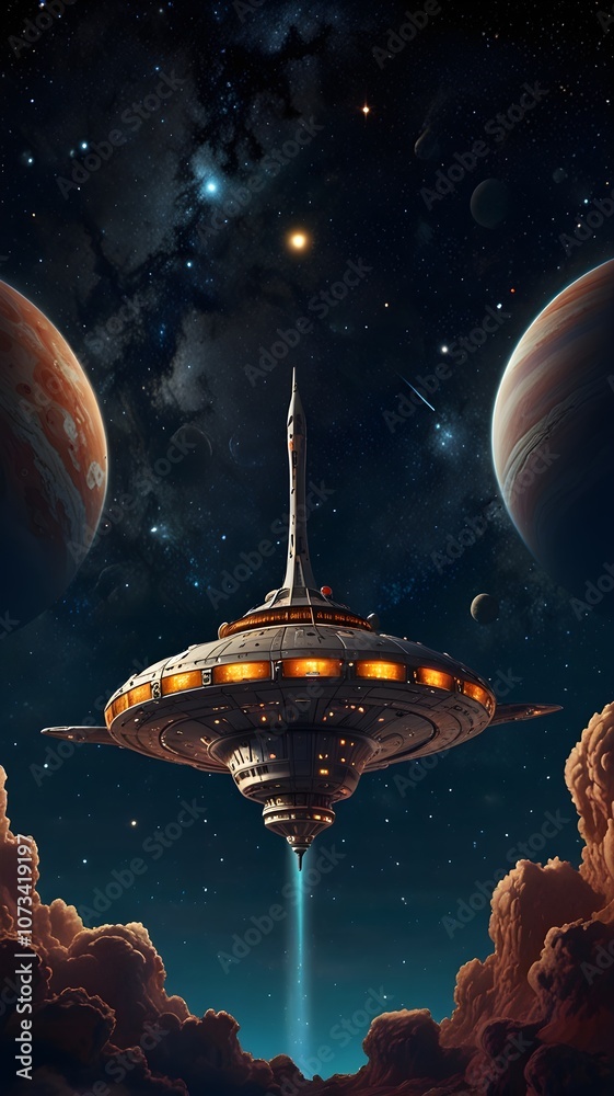 Naklejka premium A sleek alien spaceship soars over Earth, highlighting the planet's beauty from a cosmic perspective