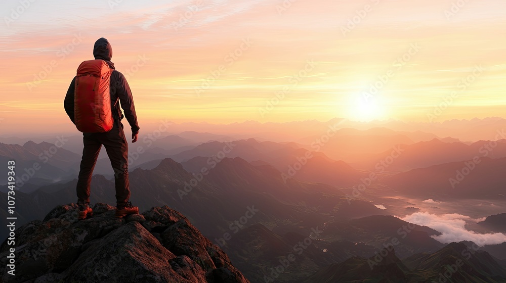 A hiker stands atop a mountain, gazing at a breathtaking sunset that paints the sky in warm hues. A hiker stands atop a mountain, gazing at a breathtaking sunset that paints the sky in warm hues.