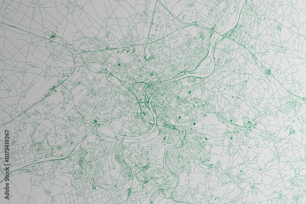 Fototapeta premium Map of the streets of Liege (Belgium) made with green lines on white paper. 3d render, illustration