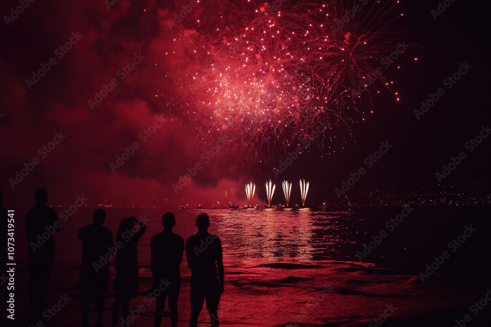 Fototapeta premium Fireworks Over Coastal Town at Sunset