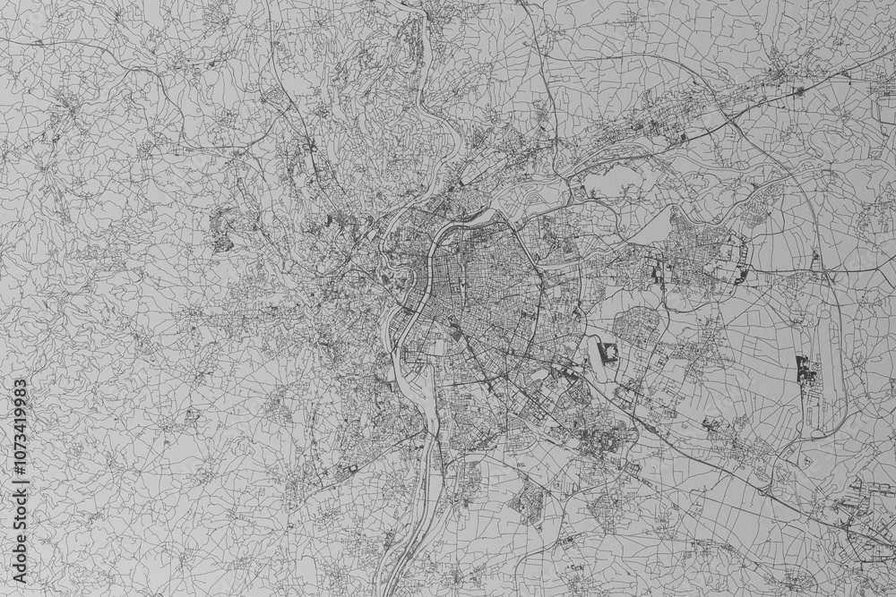 Naklejka premium Map of the streets of Lyon (France) made with black lines on grey paper. Top view. 3d render, illustration