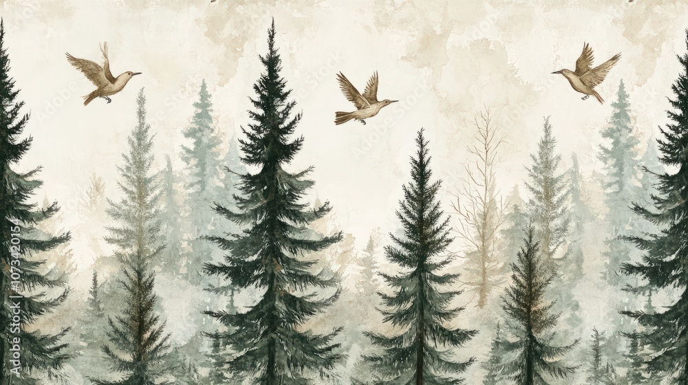 Obraz premium A seamless forest-themed pattern featuring tall pine trees, birds, and woodland animals