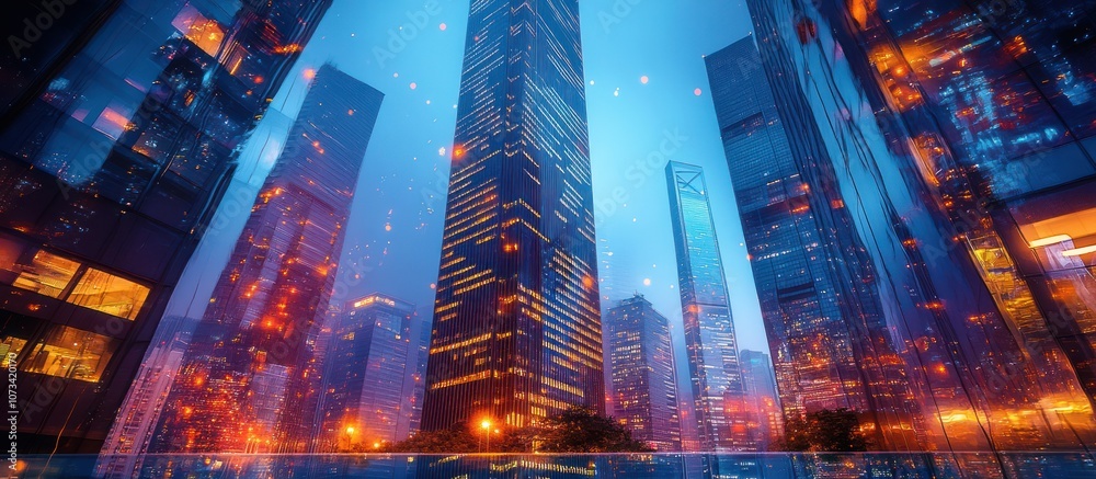 Obraz premium Tall skyscrapers at dusk with glowing lights and reflections in the city.