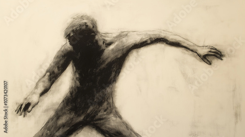 A delicate charcoal drawing of a human figure in a dynamic pose, with soft shading and expressive lines