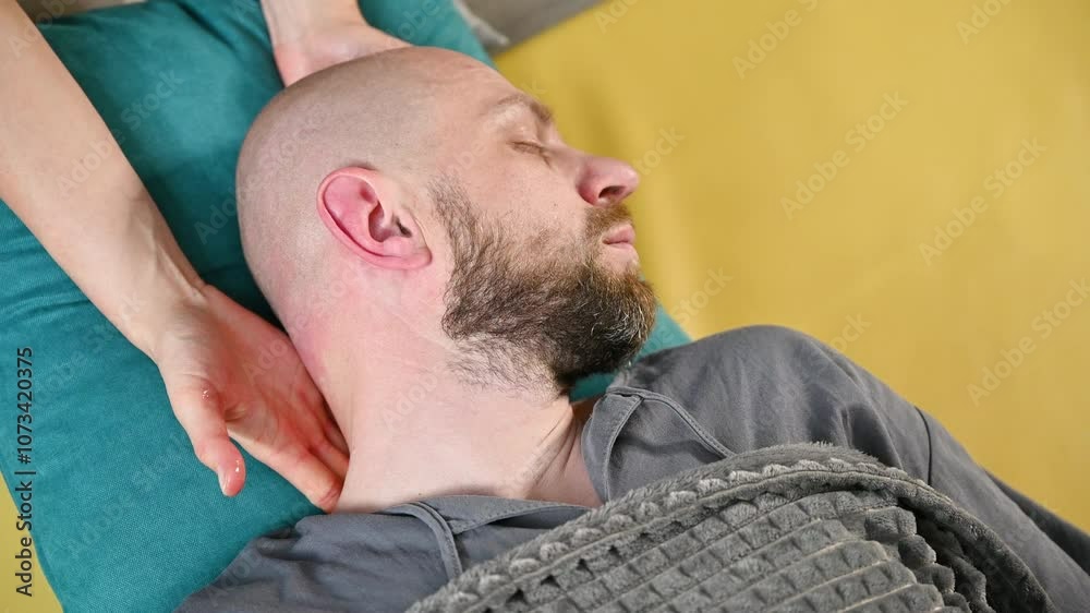 Close up of man getting thai massage. Masseuse doing traditional massage treatment for male patient's head. Bald client with closed eyes, meditating, enjoying hand massage in calm atmosphere. Close up of man getting thai massage. Masseuse doing traditional massage treatment for male patient's head. Bald client with closed eyes, meditating, enjoying hand massage in calm atmosphere.