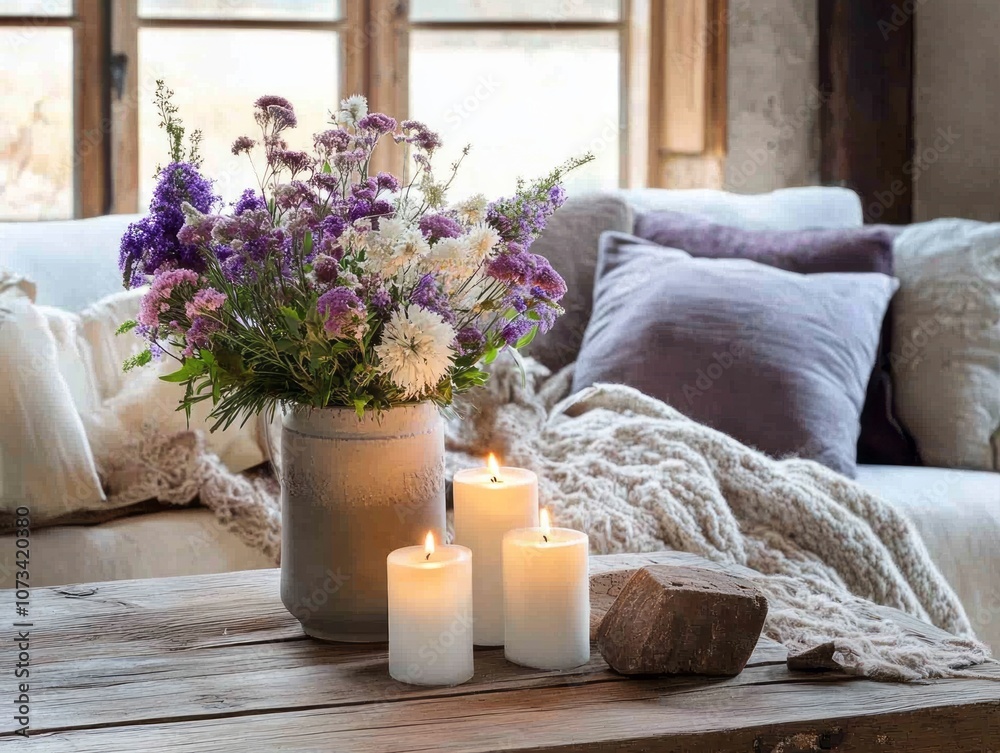 Purple Flowers in a Vase with Lit Candles on a Wooden Table Purple Flowers in a Vase with Lit Candles on a Wooden Table