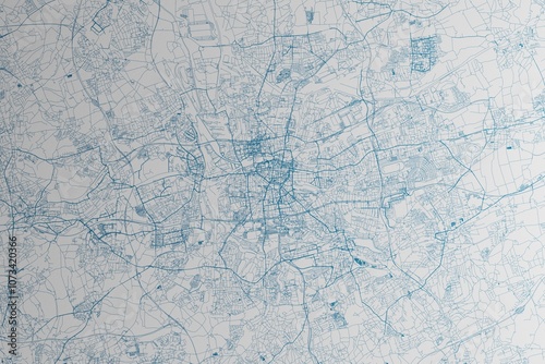 Map of the streets of Dortmund (Germany) made with blue lines on white paper. 3d render, illustration