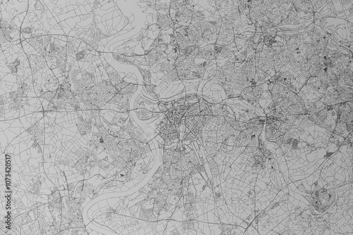 Map of the streets of Duisburg (Germany) made with black lines on grey paper. Top view. 3d render, illustration