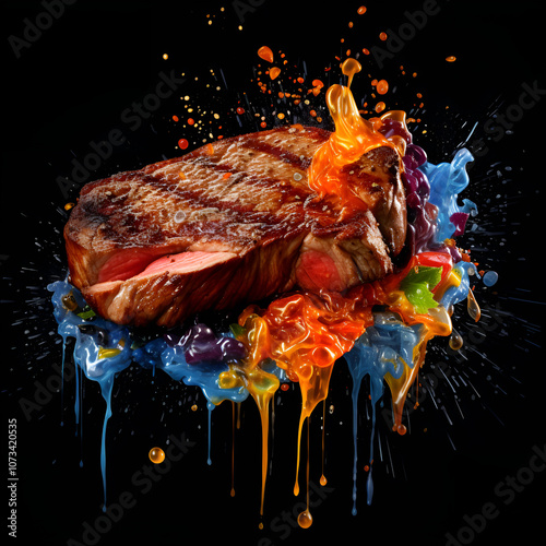 Picture of pork steak splashed with beautiful colors Picture of delicious grilled pork. Generative AI