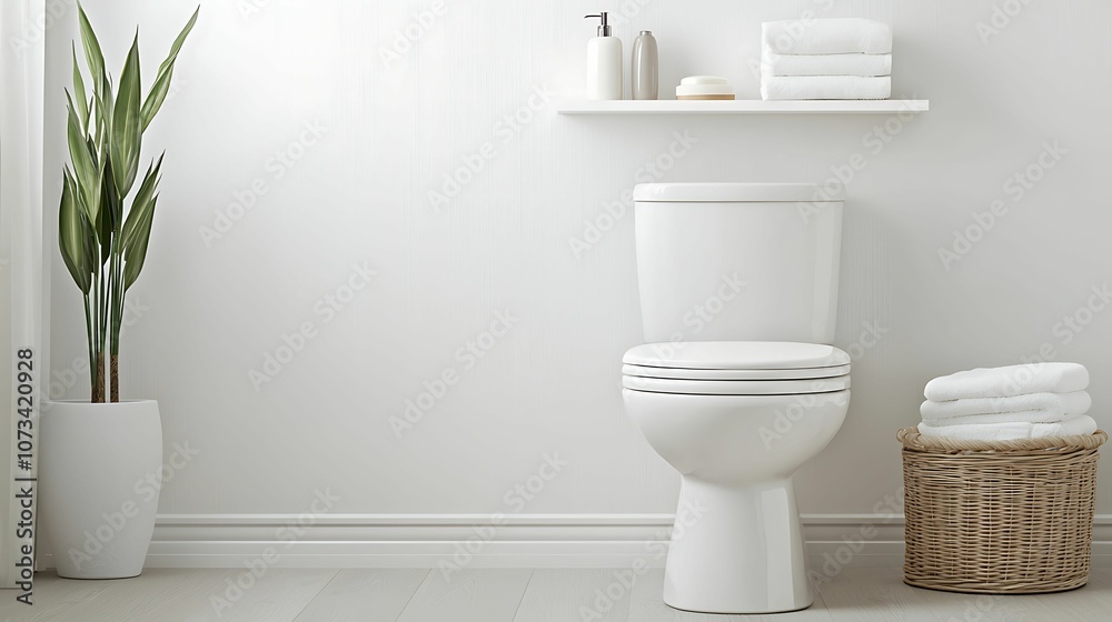 Fototapeta premium A modern bathroom featuring a clean white toilet, a decorative plant, a shelf with toiletries, and neatly folded towels in a basket.