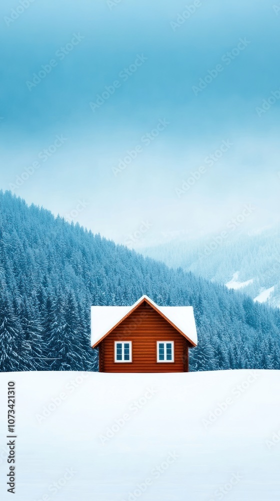 A cozy wooden cabin stands alone amidst a tranquil, snowy landscape, surrounded by evergreen trees under a blue, cloudy sky.