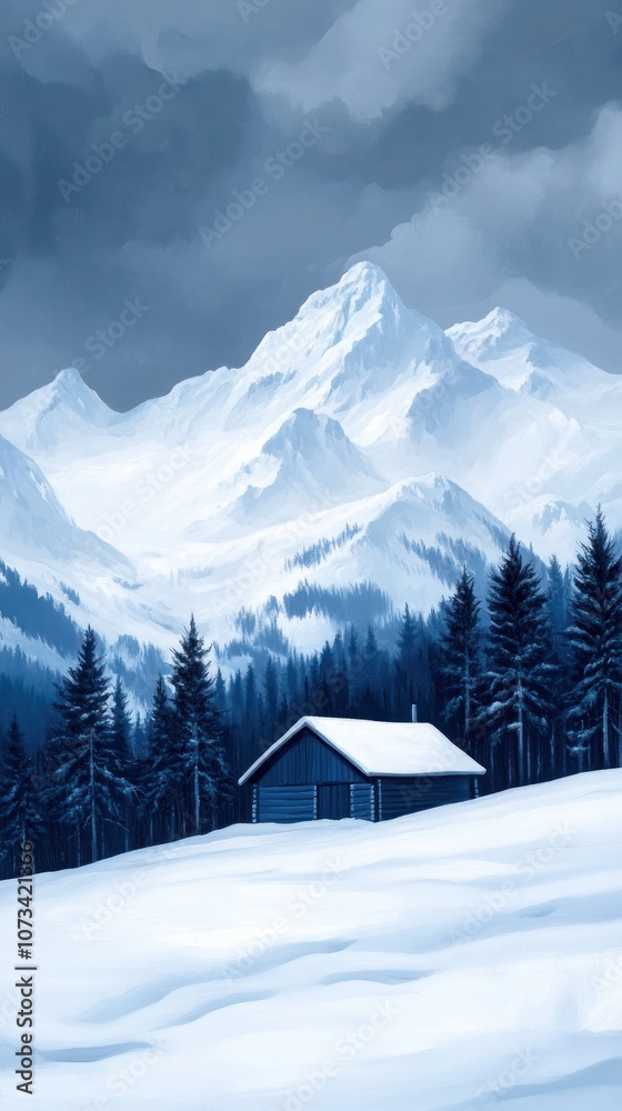 Fototapeta premium A serene winter landscape featuring a small cabin surrounded by snow-covered mountains and evergreen trees under a cloudy sky.