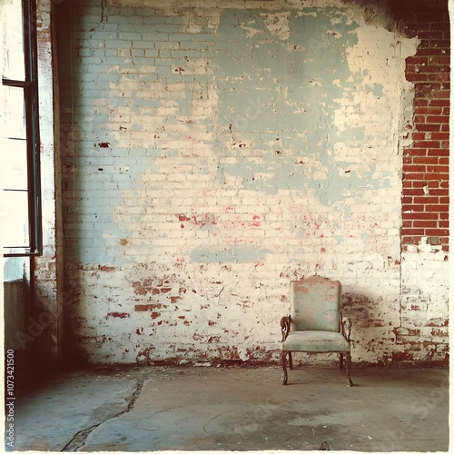 Weathered Vintage Chair in Abandoned Brick Room Interior