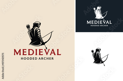 Silhouette of Hooded Medieval Archer Archery Warrior standing gallantly with bow and arrow on his hand for middle ages Empire War Game logo design.