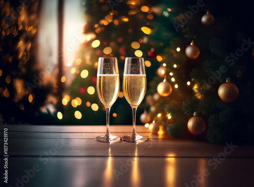 Two champagne flutes with golden liquid sit on a wooden table before a Christmas tree adorned with gold ornaments and twinkling lights. photo