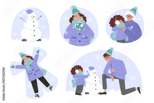 Set of winter family holiday characters enjoying seasonal activities