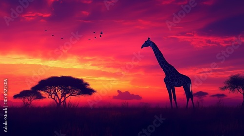 A majestic giraffe silhouetted against a vibrant sunset creates a serene savanna scene. photo