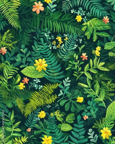 A vibrant nature seamless pattern featuring lush green leaves and ferns, with tiny colorful flowers scattered throughout, perfect for creating a fresh, tropical look on textiles or wallpapers