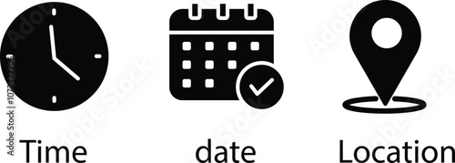  Notification line icons. Calendar, address location pointer and alarm bell. Place, Time, Date and Place, Time, Date and Notification line icons Notice alert, business schedule and office time clock. 
