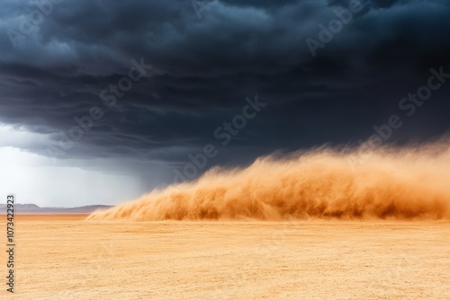 A dramatic desert scene with dark clouds swirling above, as a dust storm brews on the horizon, showcasing the power of nature.