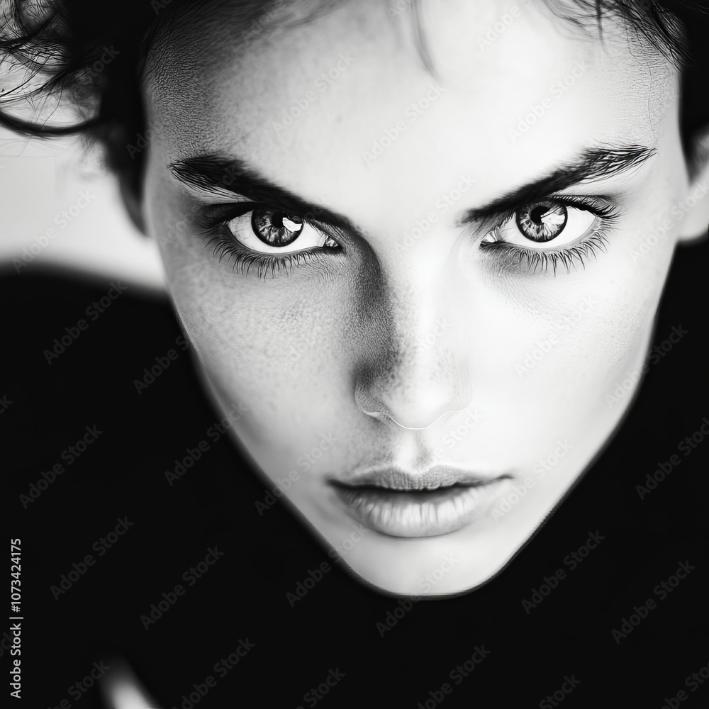 Black and white portrait, diffused lighting, intense expression, studio setting Black and white portrait, diffused lighting, intense expression, studio setting