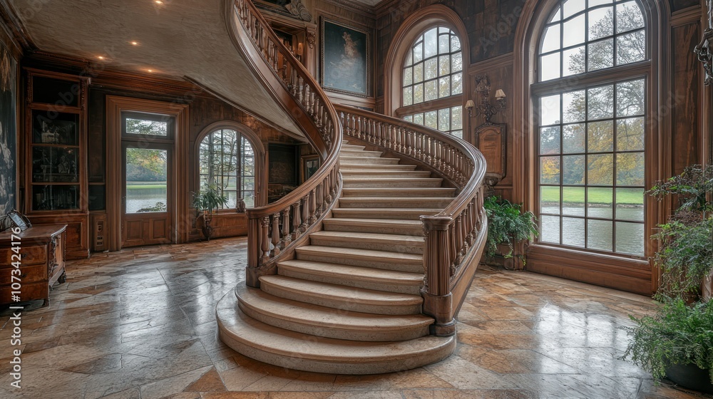 Curved staircase with polished stone steps and a wide wooden banister. Curved staircase with polished stone steps and a wide wooden banister.