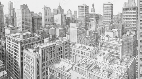 AA highly detailed pencil drawing of an urban cityscape, with fine lines and shading that capture the depth and complexity of the scene, sharp focus on the drawing's 