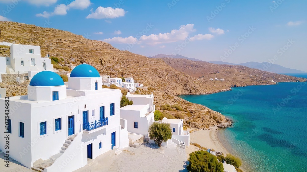 Obraz premium A scenic view of white buildings with blue domes along a coastal landscape, featuring crystal-clear waters and a mountainous backdrop.