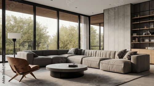 Elegant Modern Living Room Interior With Large Windows And Stylish Furniture, Showcasing A Luxurious And Comfortable Space, Perfect For Interior Design, Real Estate, And Home Décor Photography