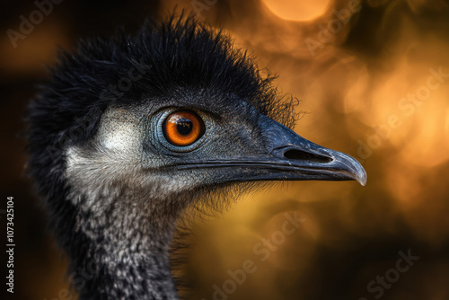 Close-up of an emu with striking eyes and textured feathers against a vibrant, golden bokeh background, focusing on its profile and intense gaze. photo