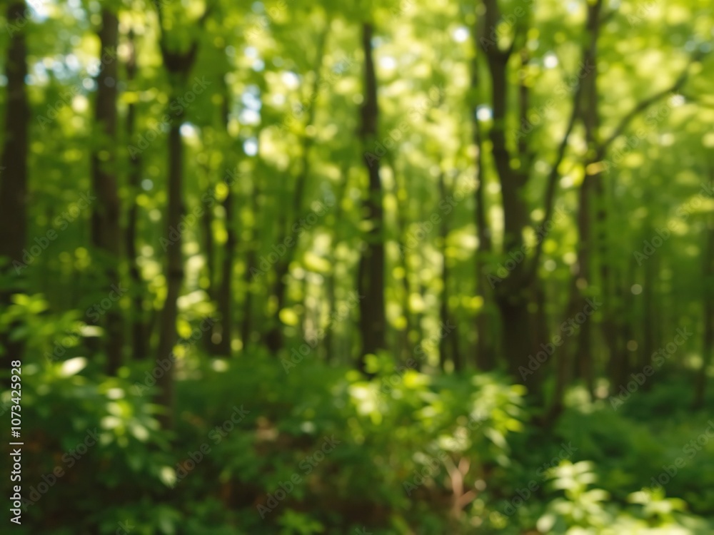 Fototapeta premium Blurred background of lush green forest with sunlight filtering through trees, green, foliage