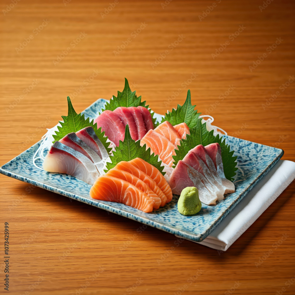 Assorted Comprehensive Sashimi with Dory sashimi, salmon sashimi, Tuna fish, swordfish on napkin on wooden background Japanese food Assorted Comprehensive Sashimi with Dory sashimi, salmon sashimi, Tuna fish, swordfish on napkin on wooden background Japanese food