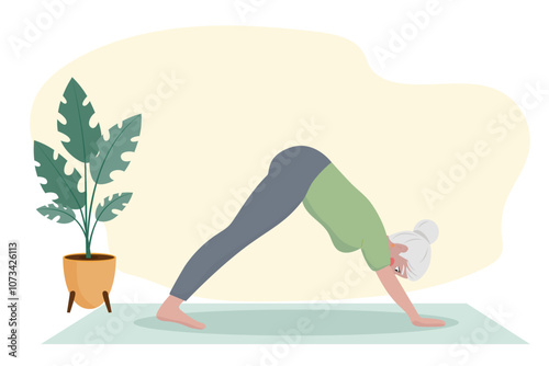 Pensioner woman doing yoga at home. An elderly woman goes in for sports. Active lifestyle. Vector illustration of healthy, vibrant senior, promoting wellness and fitness.