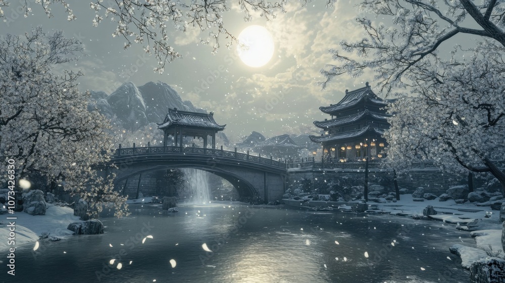Obraz premium Winter's Ethereal Embrace: A Surreal Ancient Chinese Realm