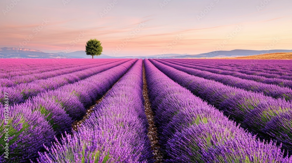 Obraz premium A serene lavender field stretches under a colorful sky, showcasing vibrant purple blooms and a solitary tree in the distance.