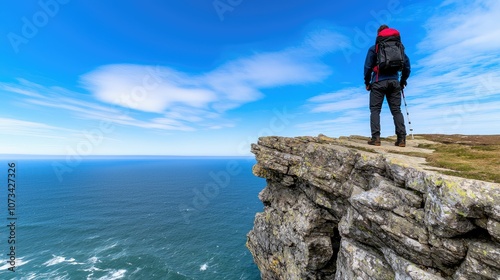 A lone hiker stands at the edge of a rocky cliff, gazing out over a vast ocean under a bright blue sky.