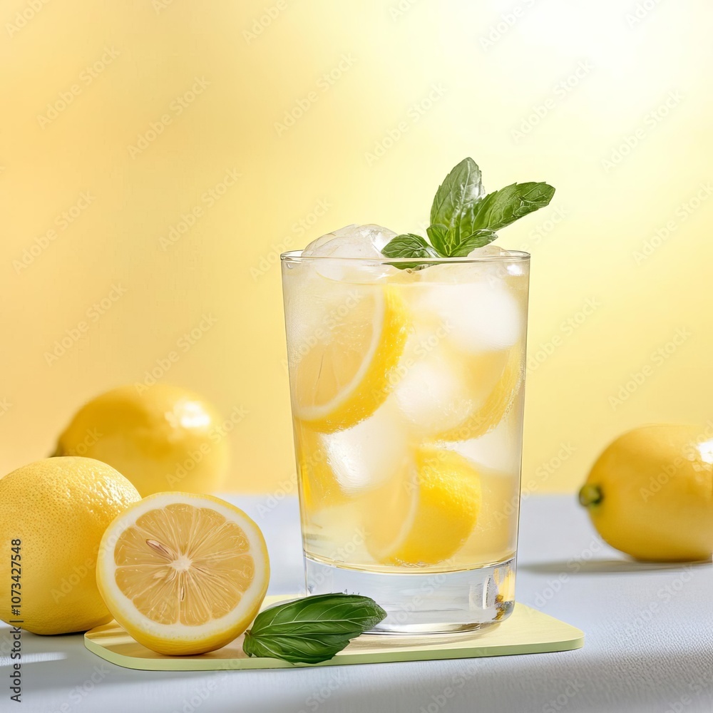 Glass of lemonade with ice, diffused light, refreshing and vibrant look Glass of lemonade with ice, diffused light, refreshing and vibrant look